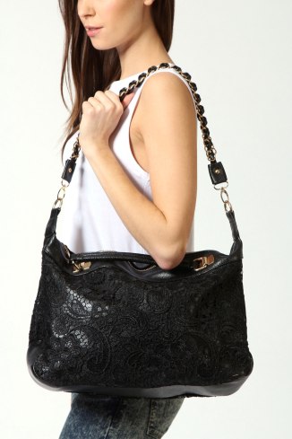 Suzy Black Lace Slouch Bag from Boohoo.com $60